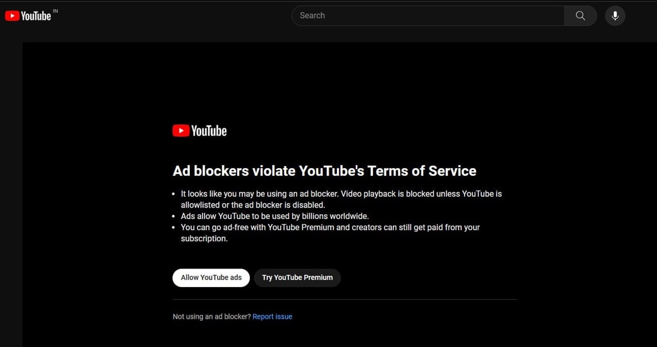 图：YouTube检测到Microsoft Edge开启严格模式（拦截广告）后会阻止用户观看视频