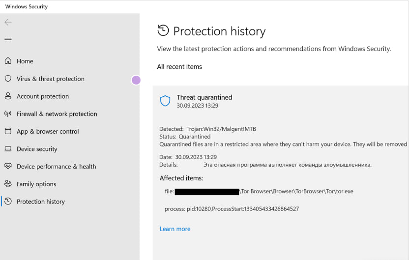 图：Microsoft Defender再次出现误报 将Tor浏览器识别为病毒后直接拦截