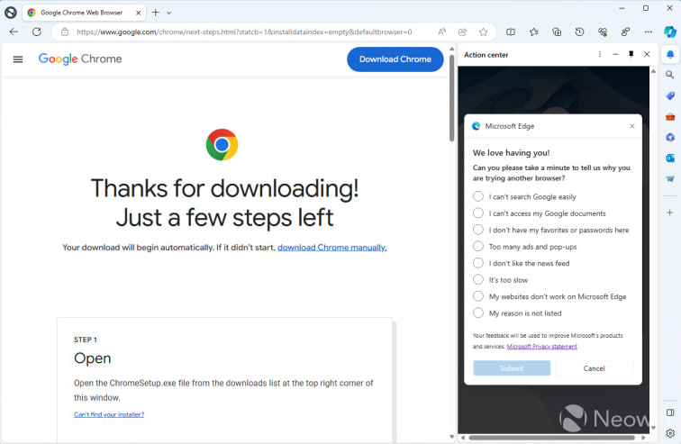 图：Edge又出新花招：当用户下载Chrome时弹出侧边询问用户为啥要下载	