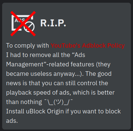 图：Enhancer for YouTube扩展删除广告拦截功能 疑似收到谷歌的要求
